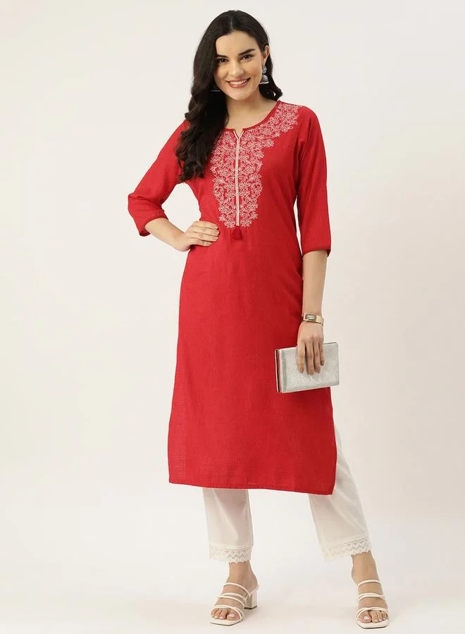 Rue Collection  Women Red Cotton Embroidered Kurta for Women | Best Price UAE